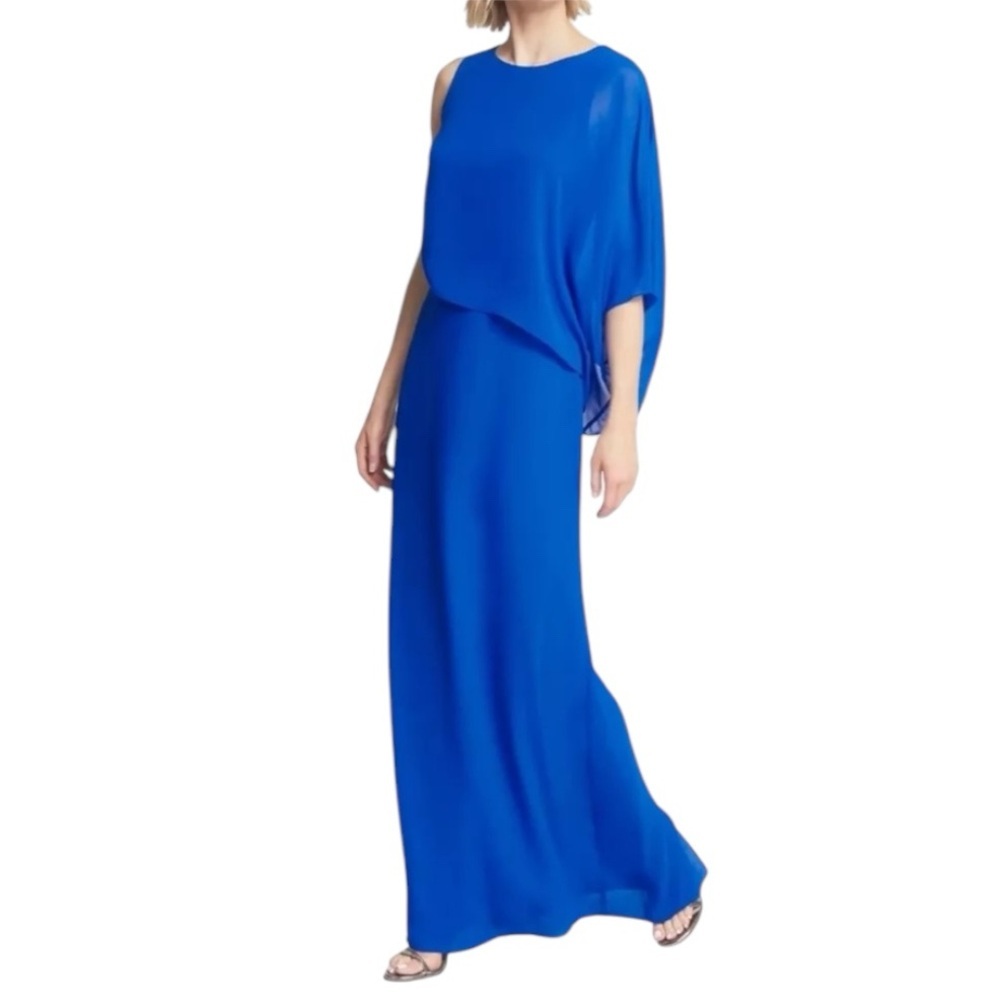 Halston Heritage Asymmetrical Overlay Gown Dress in Lapis Blue Elegant Dress 6